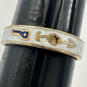 Vintage handmade gold tone white blue red cloisonné enamel ring size 6